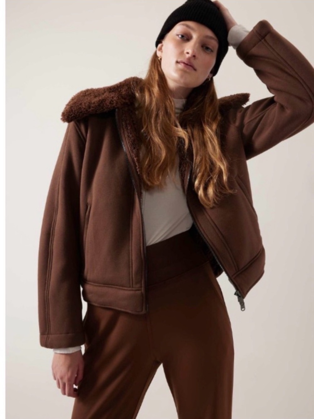 ATHLETA Westbound Sherpa Modal Cozy Sweatshirt Jacket In Mahogany Brown Large